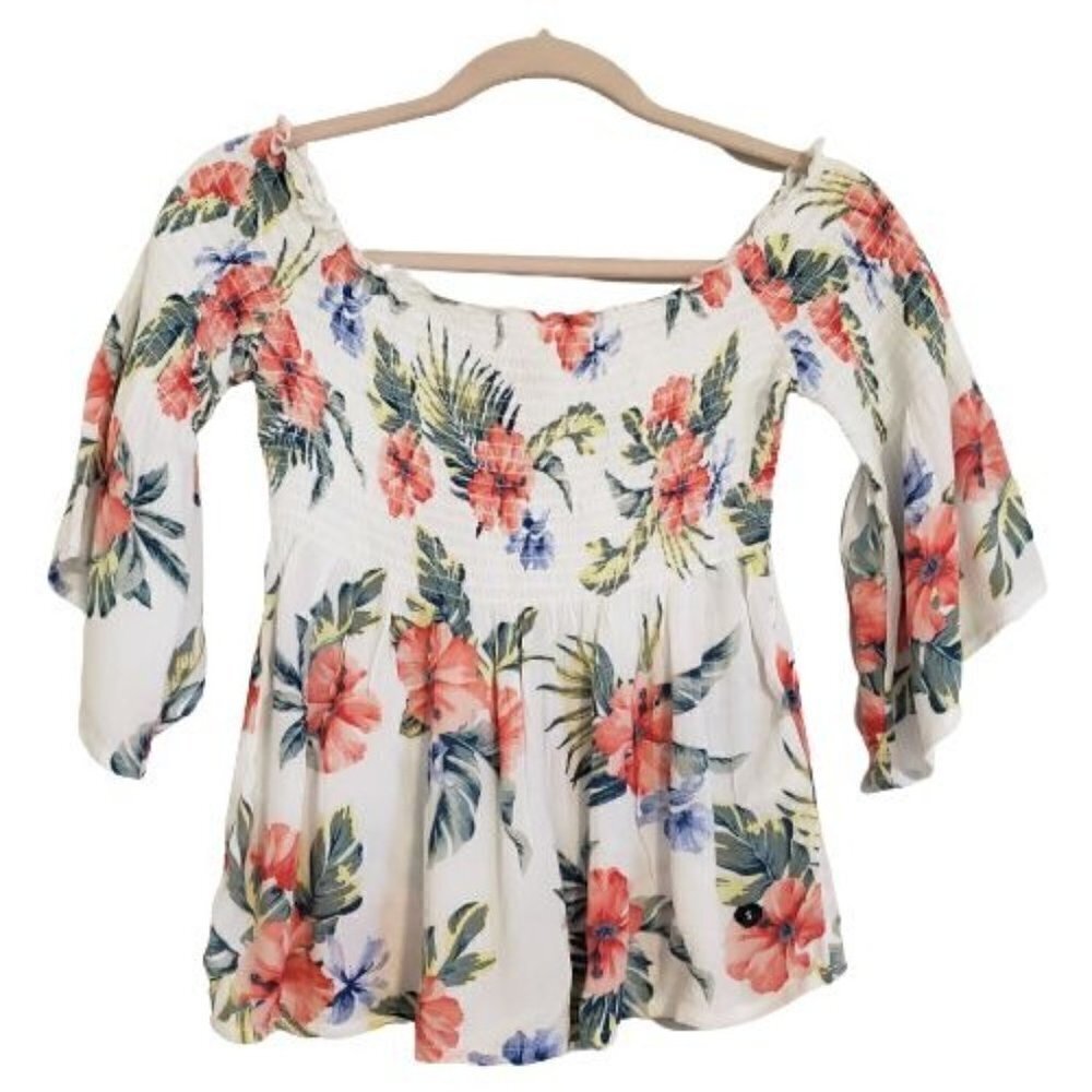 Hollister White Smocked Off Shoulder Floral Blouse size S NWT